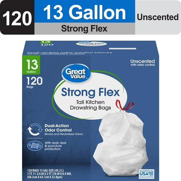 Great Value Strong Flex 13-Gallon Tall Kitchen Drawstring Trash Bags, Unscented, 120 Bags