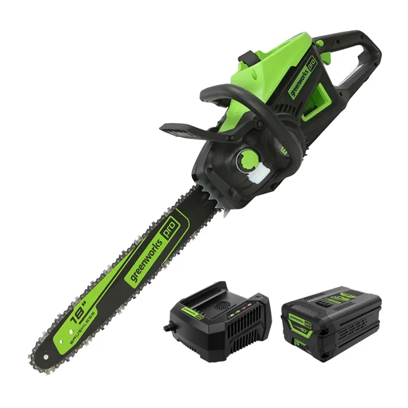 Greenworks 60V 18\ Cordless Chainsaw, 4.0Ah Battery and Charger Included","features":"Anti-Vibration","Automatic Chain Oiler","Bumper Spikes","Chain Brake","Chain Catcher","Tool-less Chain Tensioning"