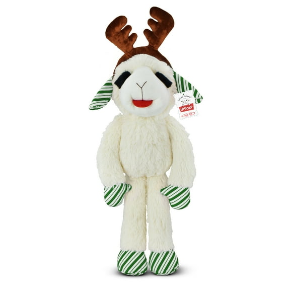 Multipet Plush Jumbo Holiday Lamb Chop Reindeer Dog Toy, Squeaker, Green and White Striped Paws with Reindeer Antlers, 19"