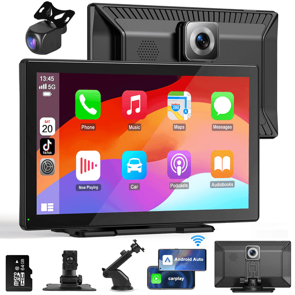 HOMPOW 9" Apple CarPlay & Android Auto – Portable Car Stereo with 4K Dash Cam, 1080P Backup Camera, GPS Navigation, Bluetooth, Free 64GB TF Card for All Cars