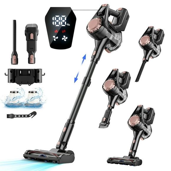 HOOFUN Cordless Vacuum Cleaner, 50mins Runtime, Powerful Stick Vacuum 6*2600mah Rechargeable Cordless Vacuum for Carpet, Tile, Pet Hair, Hardwood Floors, rose gold