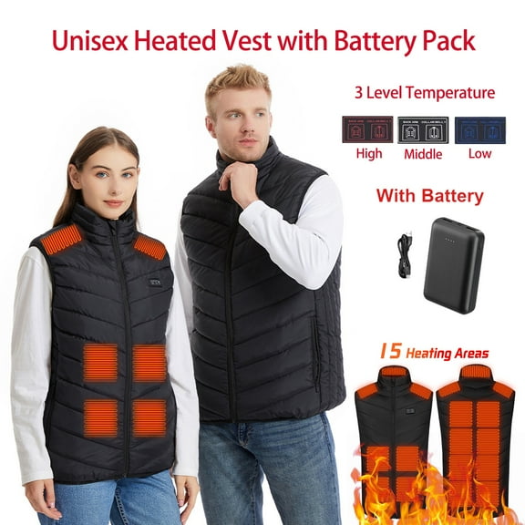 Heated Vest for Men Women with Battery Pack,15 Heating Zone USB Electric Winter Warm Windproof Waterproof Heating Vest for Outdoor Hunting Skiing Skating,Black 3XL