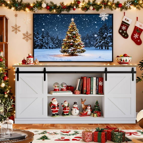 Homall TV Stand for 65 Inch TV, Storage Cabinet with Sliding Barn Door, Entertainment Center, White