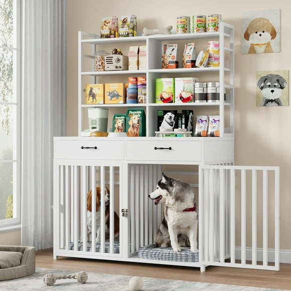 Homfa Dog Crate with 2-drawers and Storage Shelves, Indoor Furniture Style Metal Large Dog Kennel, White