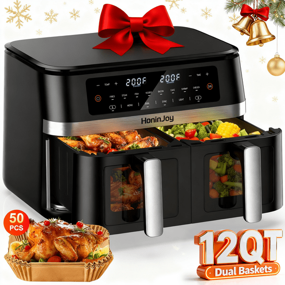 HoninJoy 12 QT Large Dual Basket Air Fryer, With Visible Cooking Window( 50PCS Air Fryer Liners Included)-New