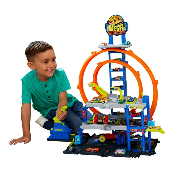 Hot Wheels Mega Loop Garage Playset with 1 Die-Cast Toy Car & 1 Toy Helicopter in 1:64 Scale