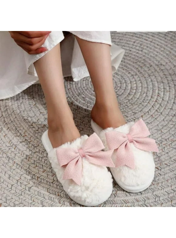 House Slippers for Woman,Slippers for Women Indoor and Outdoor with Memory Foam Insole,Women Bow Slipper for Fall Winter Thick Sole Indoor Cute Fuzzy Footwear