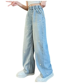 Hudaneo Girls Baggy Jeans Embroidered Hearts Wide Leg Loose fit Casual Denim Pants Size 4-14 Years