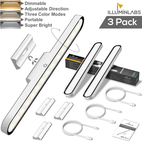 Under Cabinet Lights - Rechargeable 28 LED Closet Lights w/ Adjustable Angle, Stepless Dimming and 3 Color Modes, Under Counter Lights for Kitchen, Wall Read Light(3 Pack)