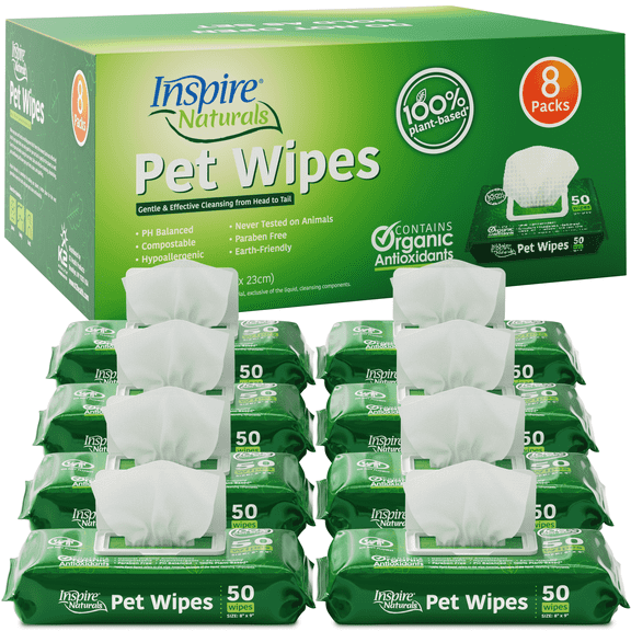 Inspire Pet Wipes For Dogs and Cats, Deodorizing Dog Wipes for Paws and Butt (8 Pack)