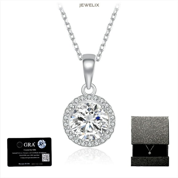 JEWELIX Moissanite 18K White Gold Plated Sterling Silver Round Cut Pendant Necklace, Halo Necklace, 1 Carat, Gift for Her