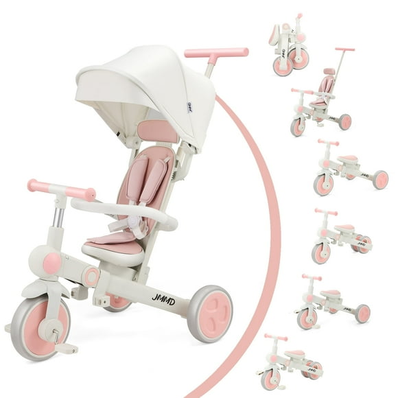 JMMD Baby Tricycle, 7-in-1 Foldable Kids Trike with Adjustable Parent Handle, Safety Harness & Wheel Brakes, Removable Canopy, Stroll Trike for Boys & Girls Ages 18 Months-5 Years,  Pink
