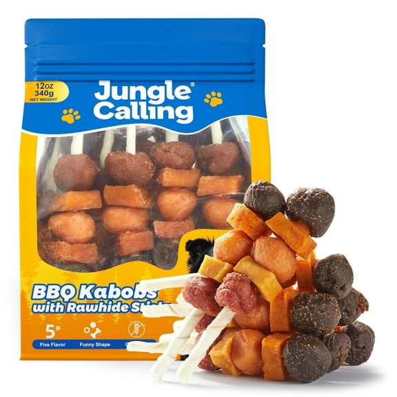 Jungle Calling Dog Treats, Snacks BBQ Kabobs, Chicken,Duck, Beef, Sweet Potato & Pumpkin,Rawhide Sticks 12 oz