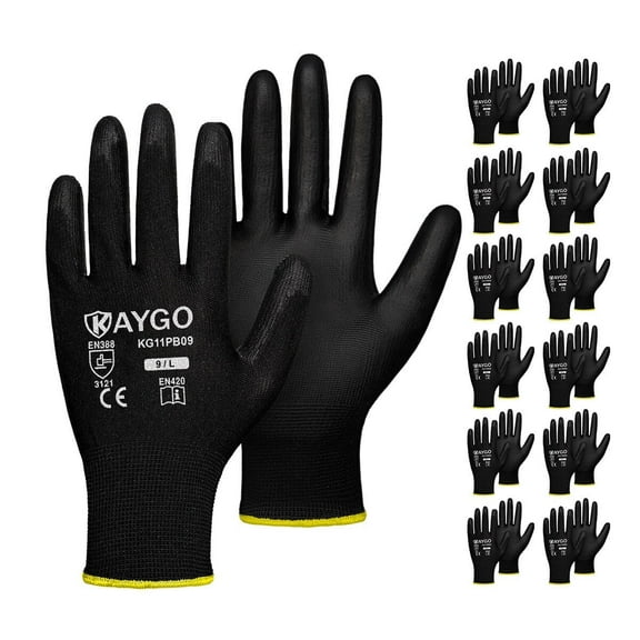 ﻿KAYGO Safety Work Gloves, 12 Pairs, PU Coated Seamless Knit Gloves for Men and Women (L, Black)