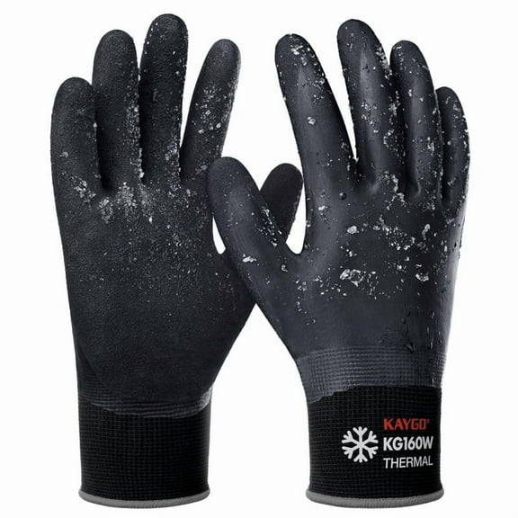 KAYGO Winter Waterproof Work Gloves for Men and Women, Thermal Insulated Freezer Rubber Coated Gloves, Super Grip, L, KG160, Black, L