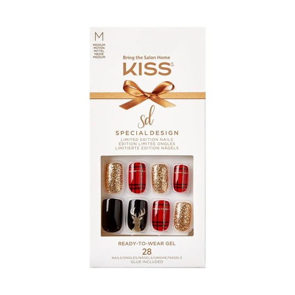 KISS Special Design Limited Edition Medium Square Holiday Fake Nails, Multi, 28 Pieces