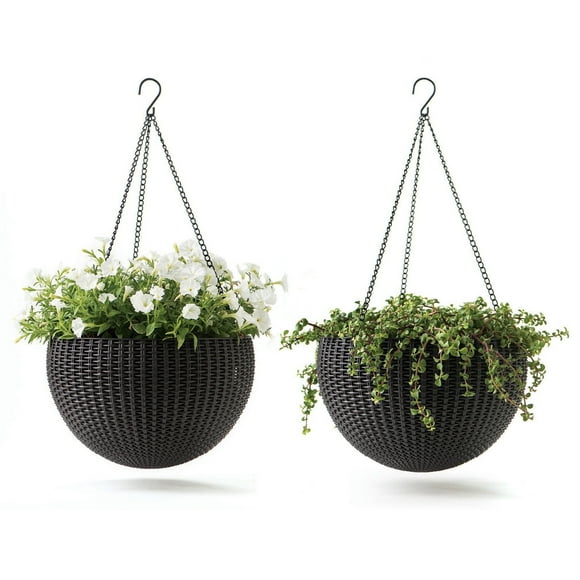 Keter Resin Rattan Set of 2 Round Hanging Planter Baskets for Indoor and Outdoor Plants, Anthracite