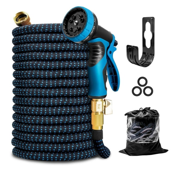 Kotto Expandable Garden Hose for Outside with 10 Spray Nozzles, Hose Holder, Blue, 25 ft