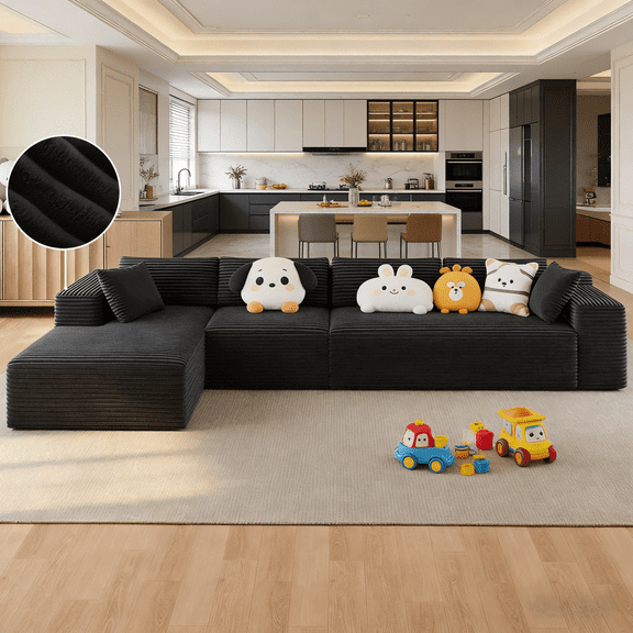 Sofa, Lofka 134" Free Assembly L‑Shaped Sectional with Pet Friendly Corduroy Fabric, Black Left Chaise with Detachable Chair for Living Room, DIY U‑Shaped Combination