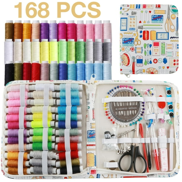 LANNEY Sewing Kit with Exquisite Case, 168 Pcs Portable Basic Sewing Supplies Accessories for Adults Kids Beginner Home Travel Emergency Including Thread, Needle, Scissors, Measure Tape and More