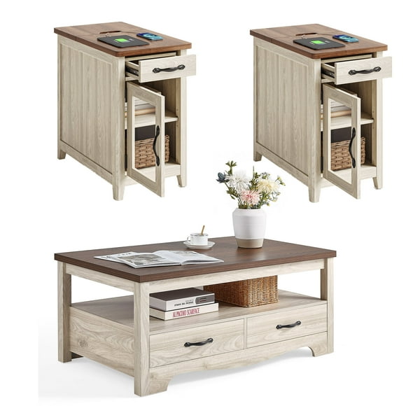 Linsy Home Farmhouse Coffee Table Sets 3 Pieces, Wood Living Room Table Set Include 41" Coffee Table, End Table Set of 2, Washed Grey & Brown