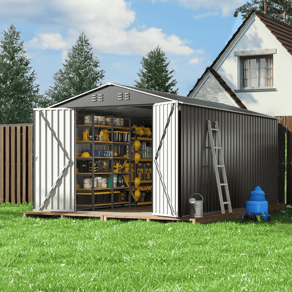 MUCHANT 8'x12' Outdoor Metal Storage Shed with Updated Frame Structure and Lockable Doors, Steel Garden Tool Sheds for Backyard, Patio, Lawn, Gray