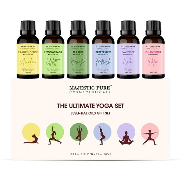 Majestic Pure, Yoga Essential Oil Gift Set | 100% Pure & Natural Set for Yoga, Meditation and Self-Care Rituals | Frankincense, Tea Tree, Lavender, Peppermint, Lemongrass, Chamomile - Pack of 6