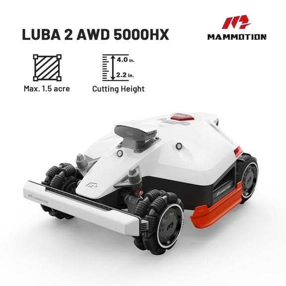 Mammotion LUBA 2 AWD 5000HX Robotic Lawn Mower, Reception for 1.25 Acres, Max 1.5 Acres Coverage, With 4G, UltraSense AI Vision, 2.2"-4.0" Cutting Height