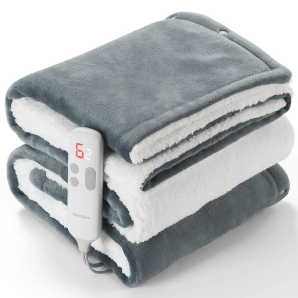 MaxKare 50" x 60" Electric Throw Blanket with 6 Heating Levels & 1-5H Auto-off, Machine Washable Flannel & Sherpa, Gray & White