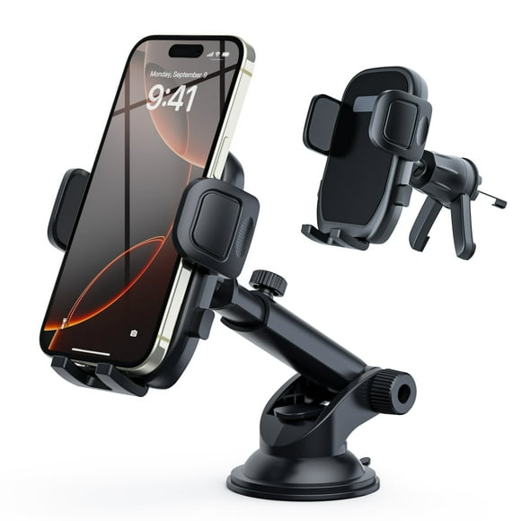MaxAngel 3-in-1 Car Phone Holder with Military-Grade Suction Cup, Metal Hook Ventilation Clip, 360°Rotating Phone Holder for iPhone, Samsung & Android Smartphones,Black