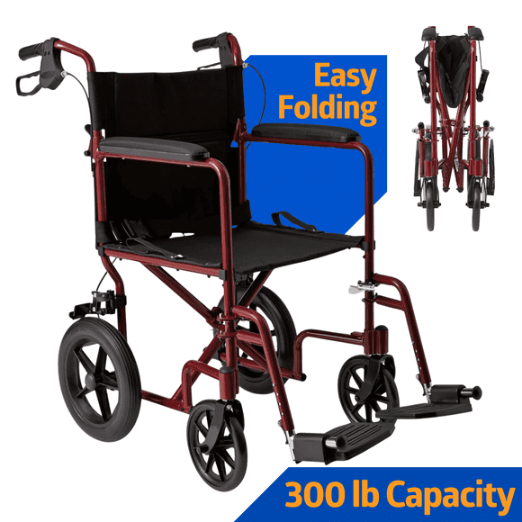 Medline Transport Wheelchair with Permanent Full-Length Arms and Handbrake, Lightweight, Swing-Away Footrests, 300 lb Weight Capacity, Red