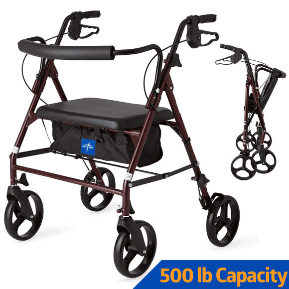 Medline Rolling Walker, Folding Rollator with Seat and 8-In Wheels, Heavy Duty, Burgundy, 400 lb Weight Capacity, Aluminum