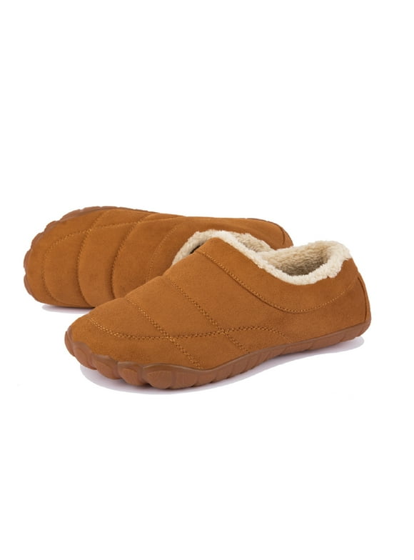 Men's Wide Toe Slippers with Soft Wool-Like Lined Suede Winter Warm Clog Slippers Indoor Outdoor Anti-Skid House Shoes Brown