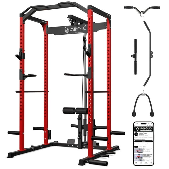 Mikolo Multi-Functional Squat Rack with LAT Pulldown System Exercise Power Cages, Metal Red