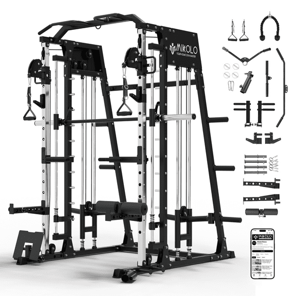 Mikolo M4 Smith Machine Home Gym, 2200 lbs Power Rack Cage with Cable Crossover, Weight Bar, 360° Landmine, Barbell Holders and Other Attachments, Total Body Strength Training Cage