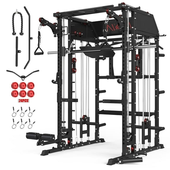 Mikolo Smith Machine Home Gym, All-in-One Power Rack with Smith Cage and Functional Trainer, Squat Rack with 2:1 Dual Pulley Cable System and Extended Forward Reach, Vertical Leg Press