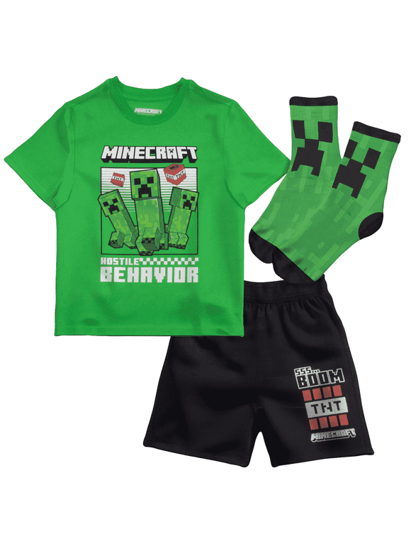 Creeper Boys' Summer Outfit 3-Piece Set, Graphic T-Shirt, Shorts & Socks, Sizes 4-16
