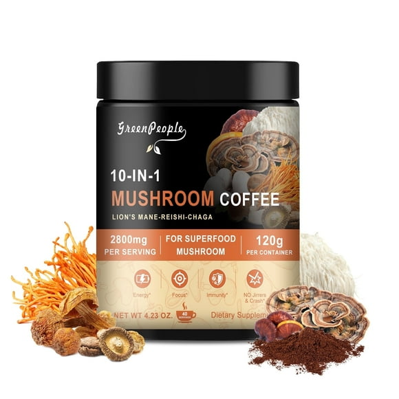 Mushroom Coffee Powder 2800 mg (40 Servings), 10-in-1 Mushroom Blend Supplement 120g (4.23 oz) by GreenPeople