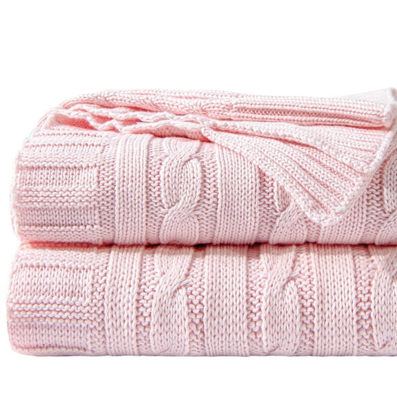 Ntbay 100% Cotton Cable Knit Throw, Super Soft Warm Knitted Blanket Home Decor, 60"x80", Baby Pink