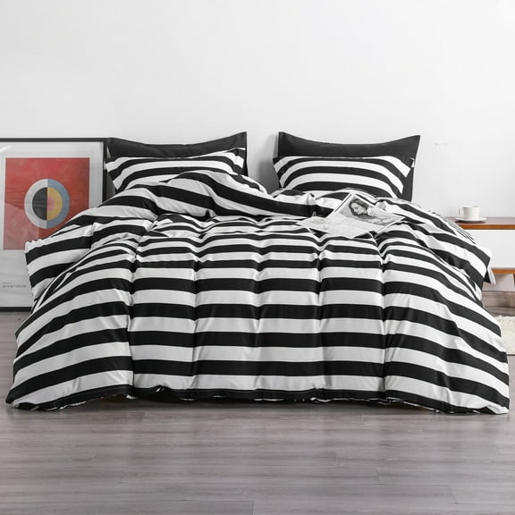 Ntbay 2-Pieces Microfiber Ultra Soft Striped Print Duvet Cover Set with Zipper Closure and Corner Ties, Black and White, Twin