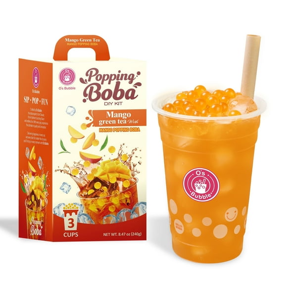 Os Bubble Popping Boba DIY Kit  3 servings  Refreshing Mango Green Tea with Juicy Mango Popping Boba