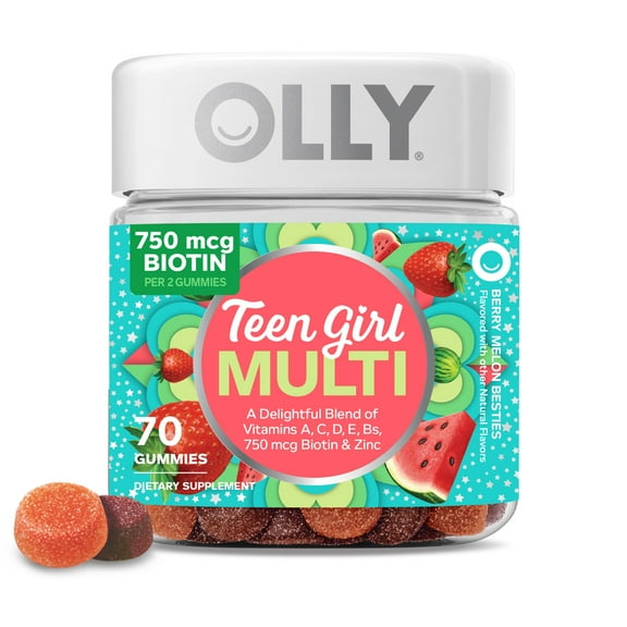 OLLY Teen Girl Multivitamin Gummy, Wellness Support, Strawberry Melon Flavored, 70 Ct