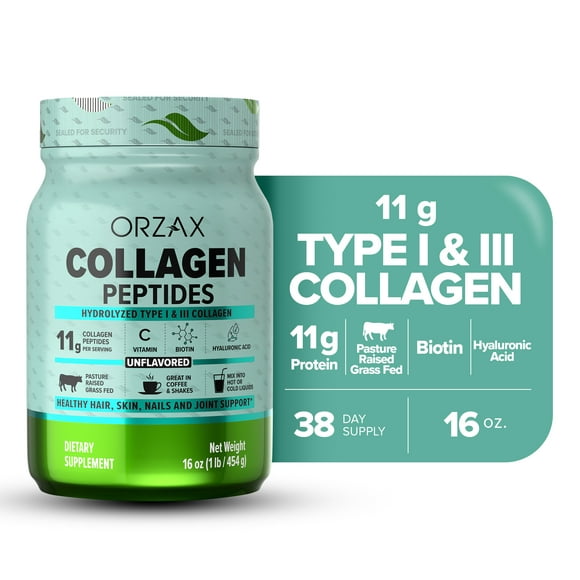 ORZAX Collagen Peptides Powder Unflavored - Hair, Skin and Nails Vitamins - Bone & Joint Support Supplement - Collagen Drink Mix - Collagen Powder For Women & Man (16oz)