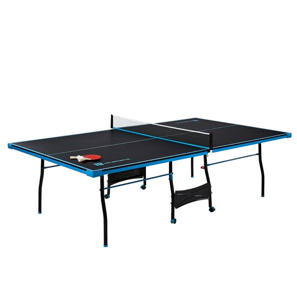 MD Sports Official Size Indoor Table Tennis Pong Table, 4 Piece Foldable Design with Net, Paddles & Balls – Blue/Black