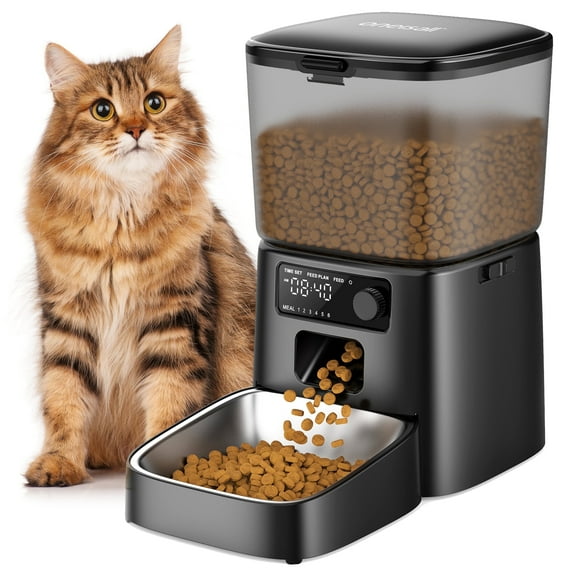 Oneisall FD-01 3.5L/12Cup Automatic Cat Feeder, Dual Power Auto Cat Feeder with Stainless Steel Bowl, Up to 36 Portions 6 Meals Per Day, Detachable Washable, Timed Feeder with Desiccant Bag - Black