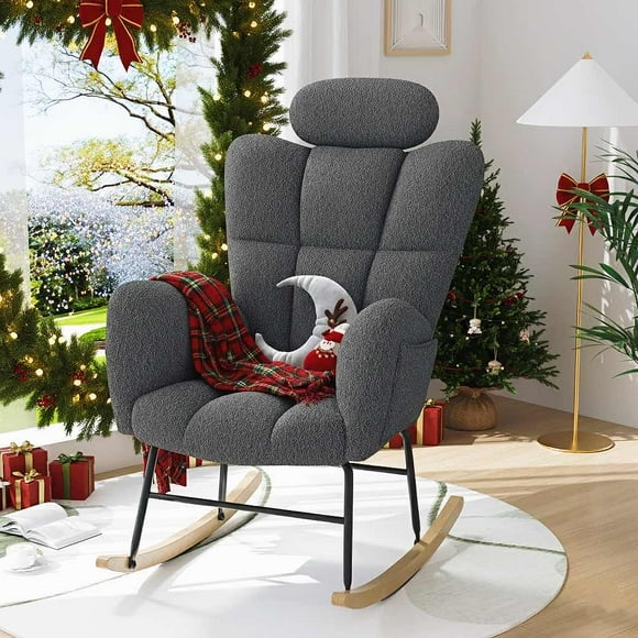 UHOMEPRO Modern Teddy Fabric Rocking Chair, Accent Rocker Chair with High Backrest, Accent Glider Rocker for Living Room Bedroom Playroom, Gray