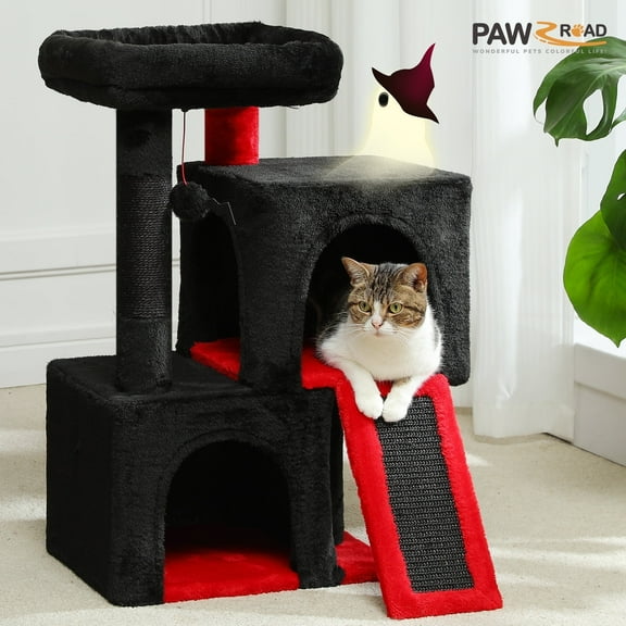 PAWZ Road 30" Cat Tree Condo with Sisal Scratcing Post Tower Ramp for Indoor Cats,Black