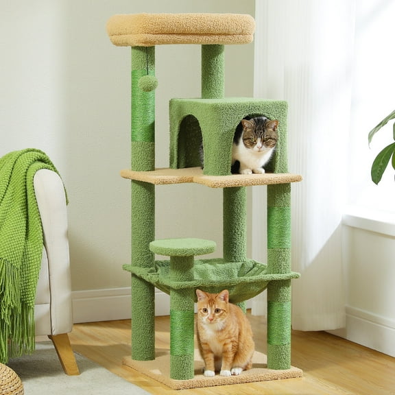 PAWZ Road Cat Tree Condo 46" with Sisal Covered Scratching Posts Tower Deep Hammock and Large Perch for Small Cats,Green