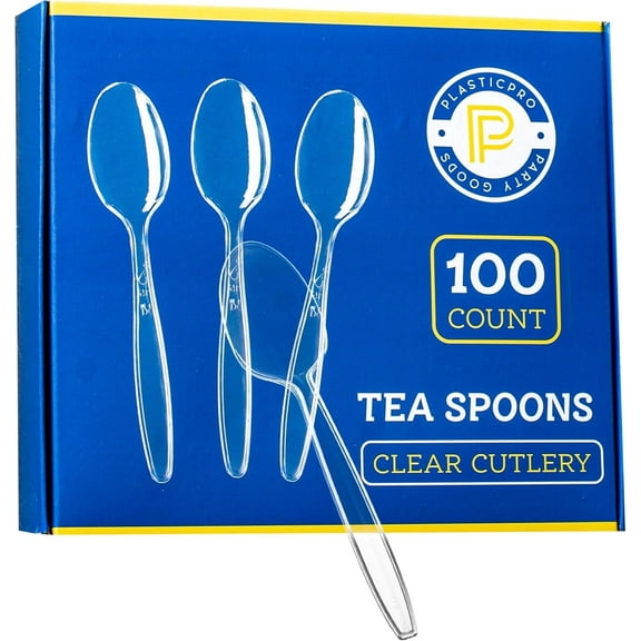 PLASTICPRO Disposable Plastic Teaspoons Heavyweight Tea Spoons, Clear, Pack of 100