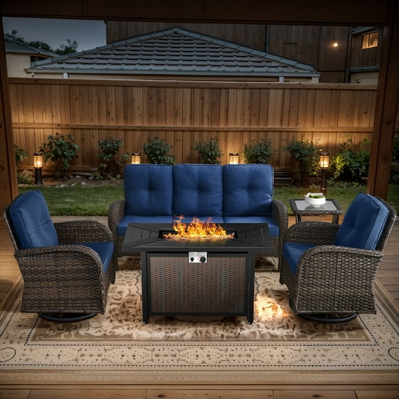 POCASSY 5PCS Outdoor Patio Furniture Set, Patio Furniture Set with Fire Pit Table Wicker Patio Couch Outdoor Swivel Chair and 43" Propane Firepit Table Rectangular, Brown Wicker & Blue Cushion